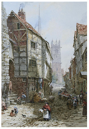 Watercolour of Fish Street, Shrewsbury in 1830s